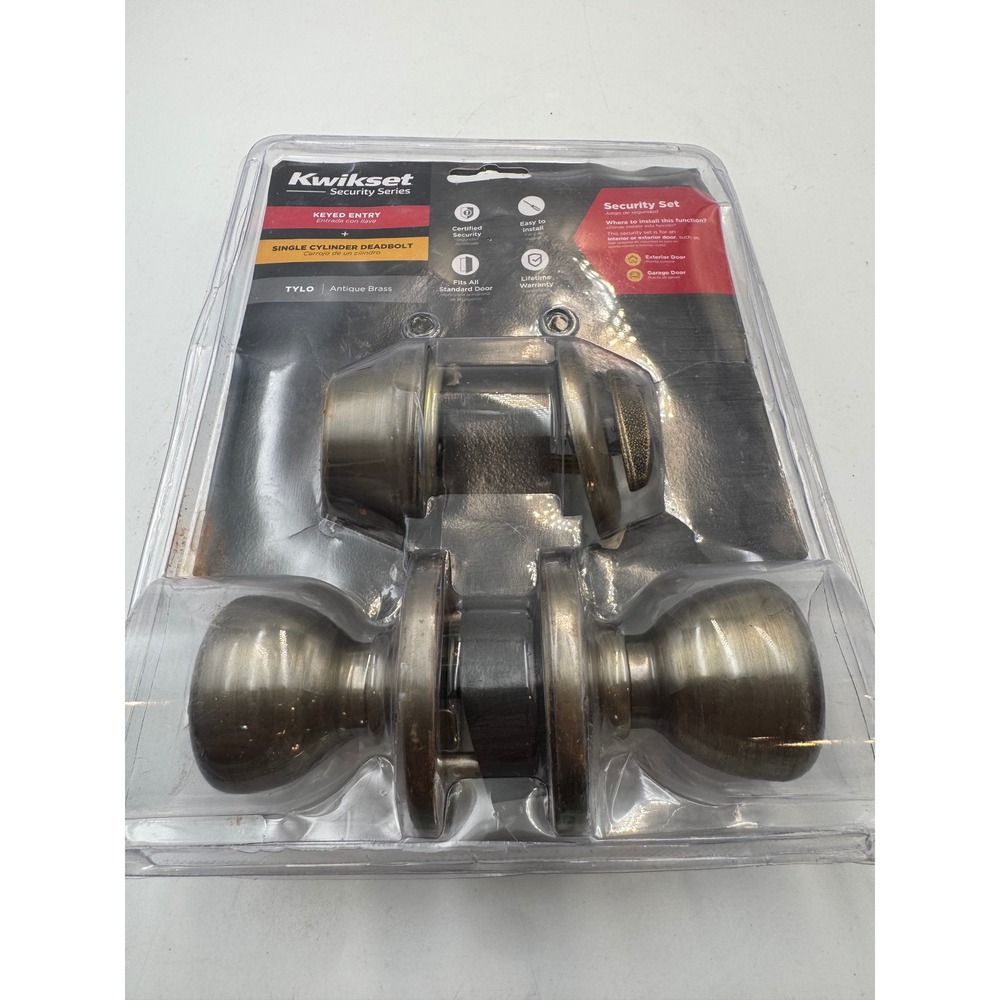 Kwikset Tylo Entry Knob and Single Cylinder Deadbolt Antique Brass 690.96900-254